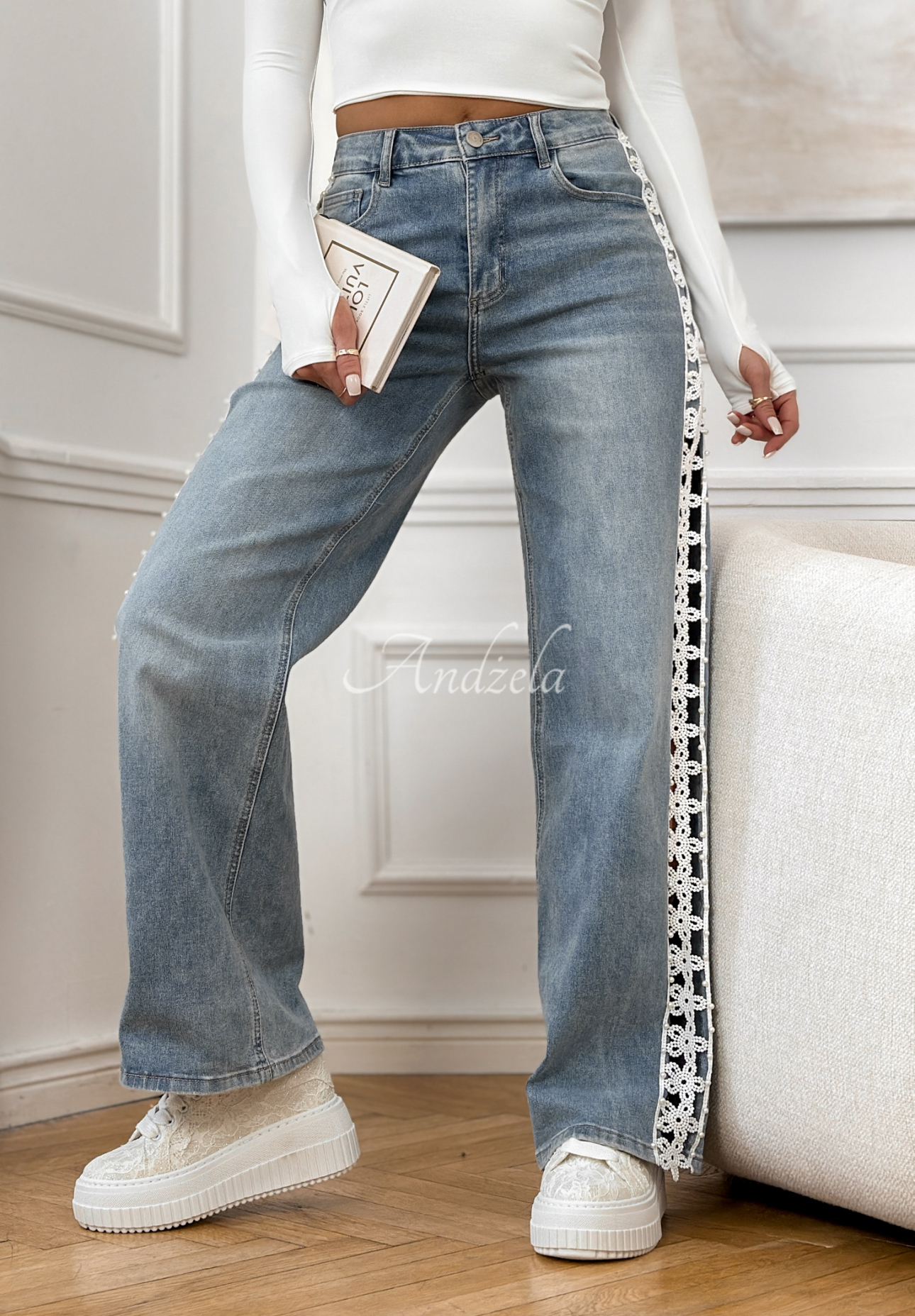 Straight jeans with lace stripes On Point Fit light blue