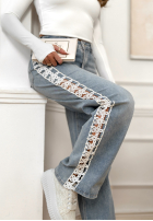 Spodnie jeansowe straight z koronkowymi lampasami On Point Fit jasnoniebieskie