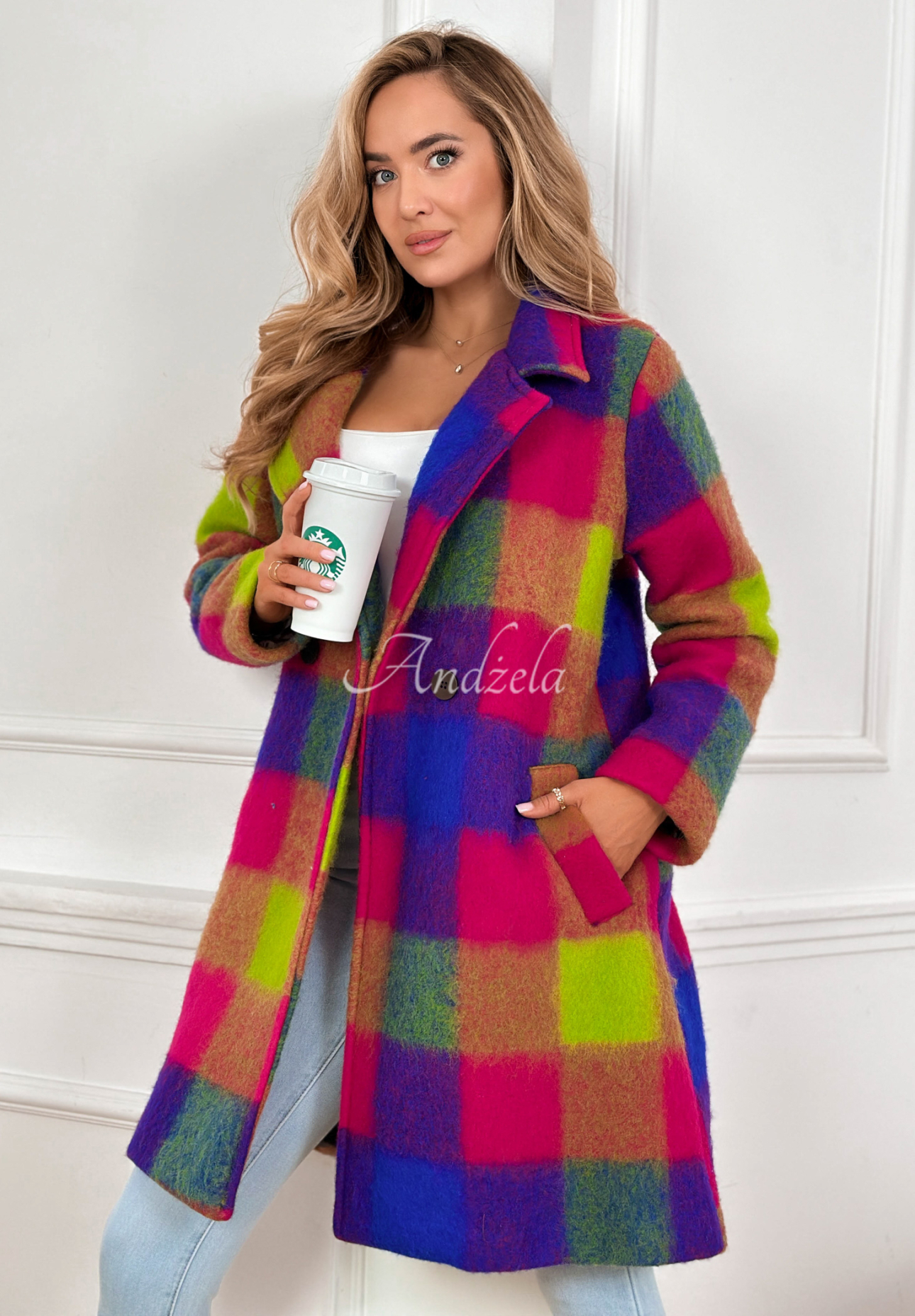 Coat with checkered collar and Spring Sunrise purple and yellow wool
