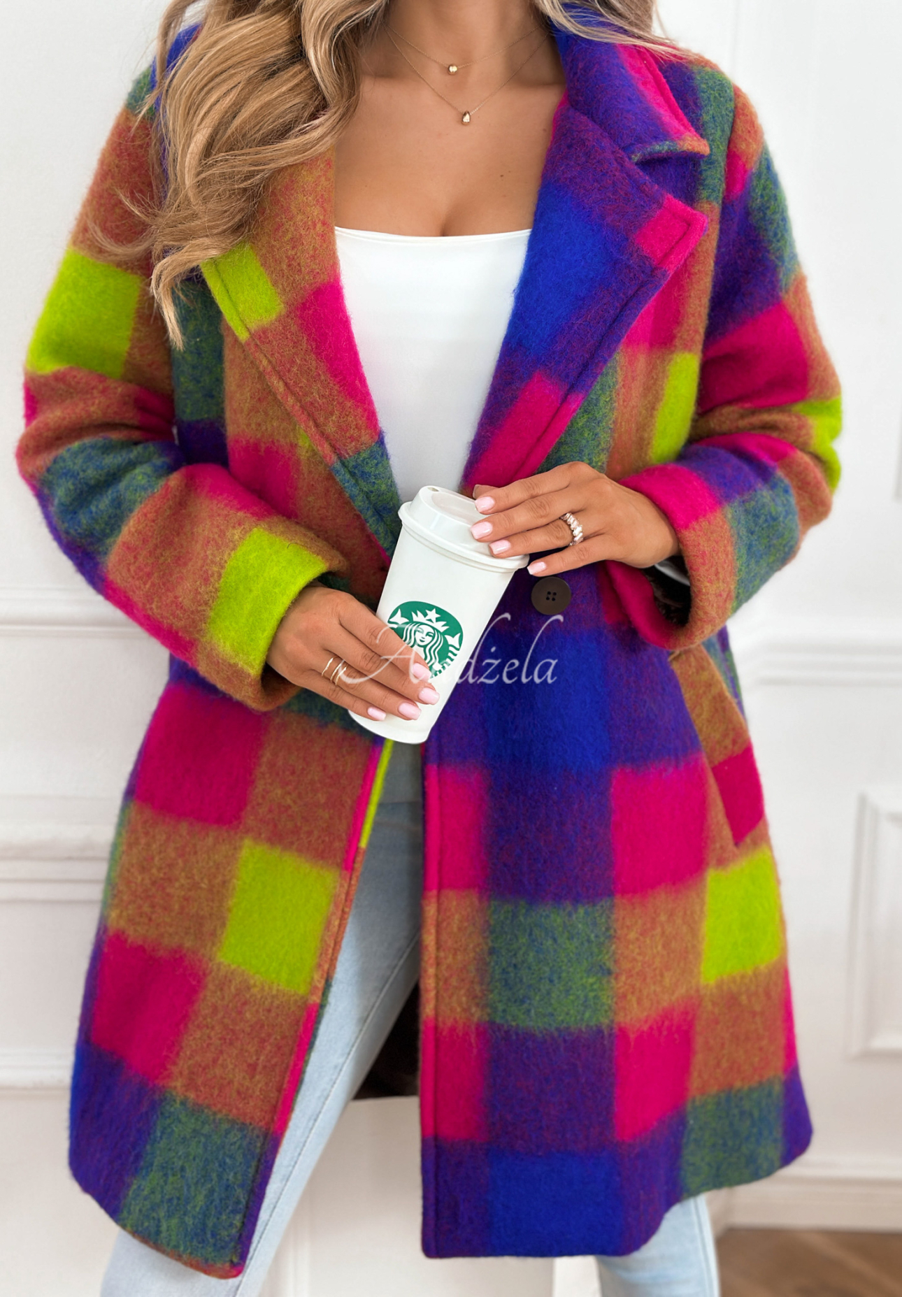 Płaszcz z kołnierzem w kratę z wełną Spring Sunrise fioletowo-żółty