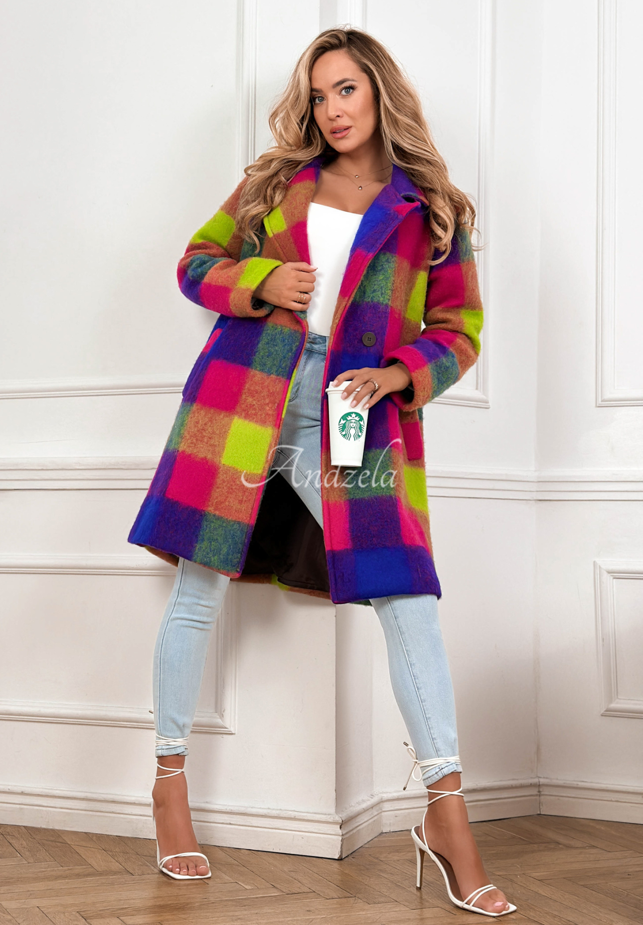 Coat with checkered collar and Spring Sunrise purple and yellow wool