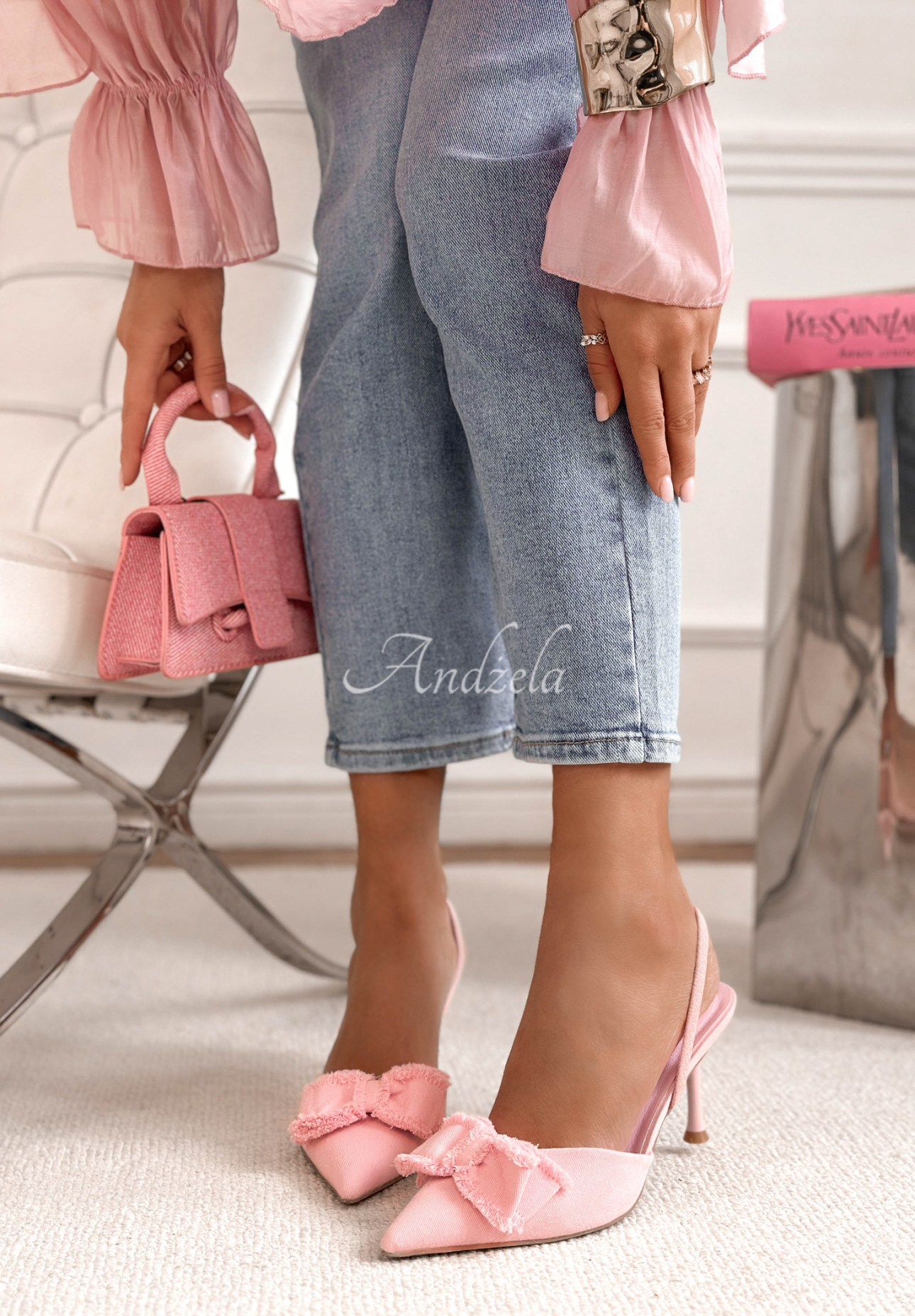 Sandałki na szpilce z kokardką New Season pudrowy róż