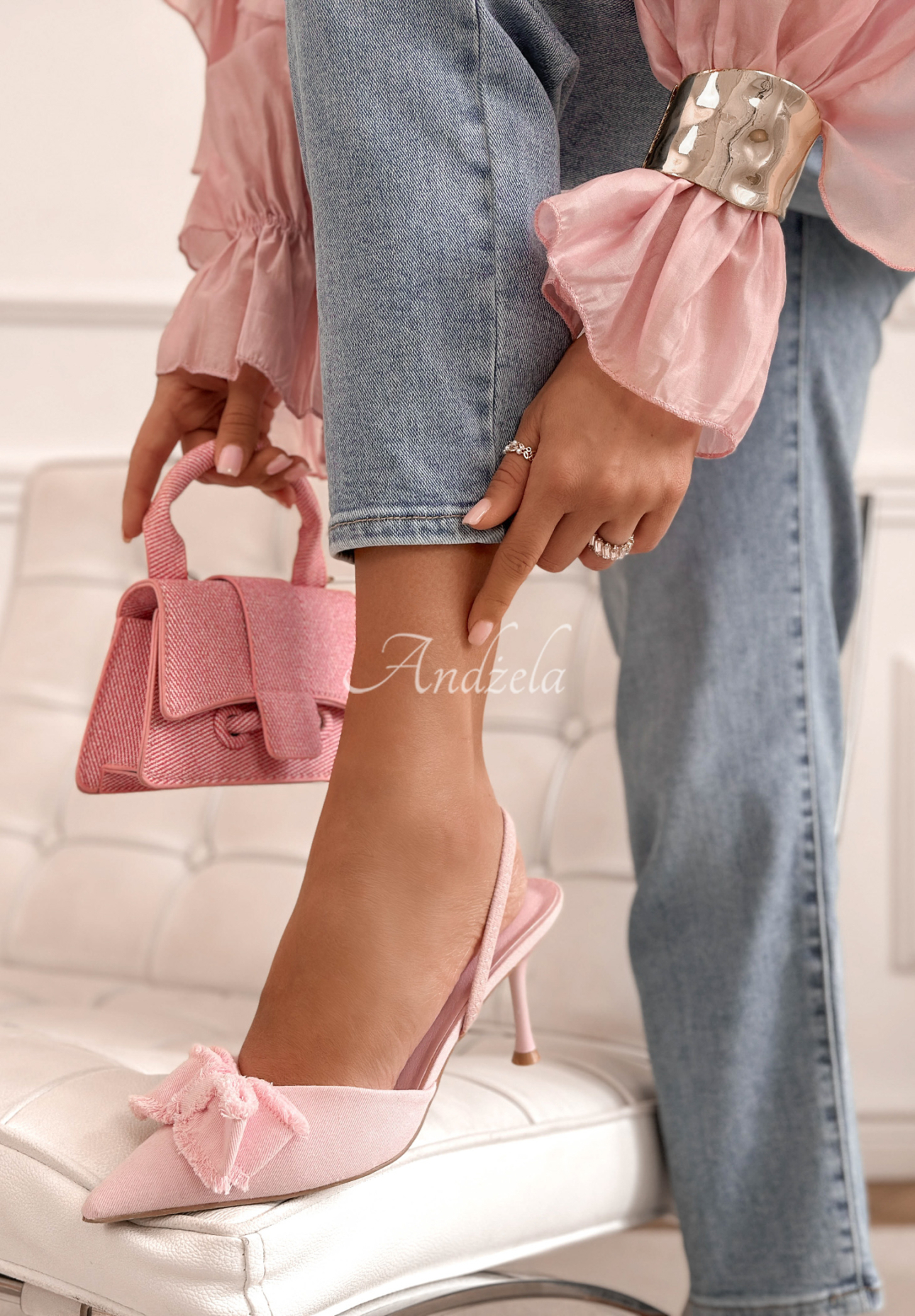 Sandałki na szpilce z kokardką New Season pudrowy róż