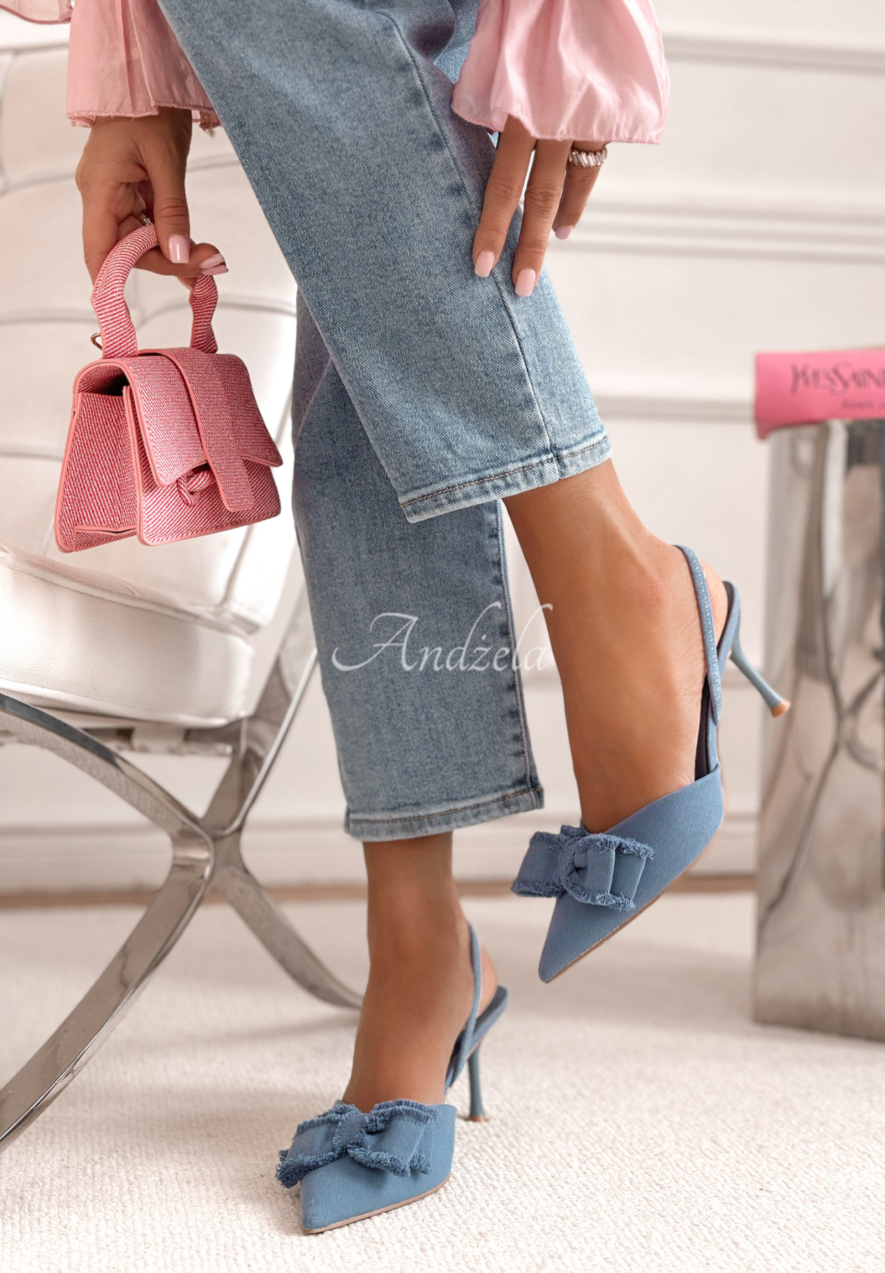 New Season blue high-heeled sandals with bow