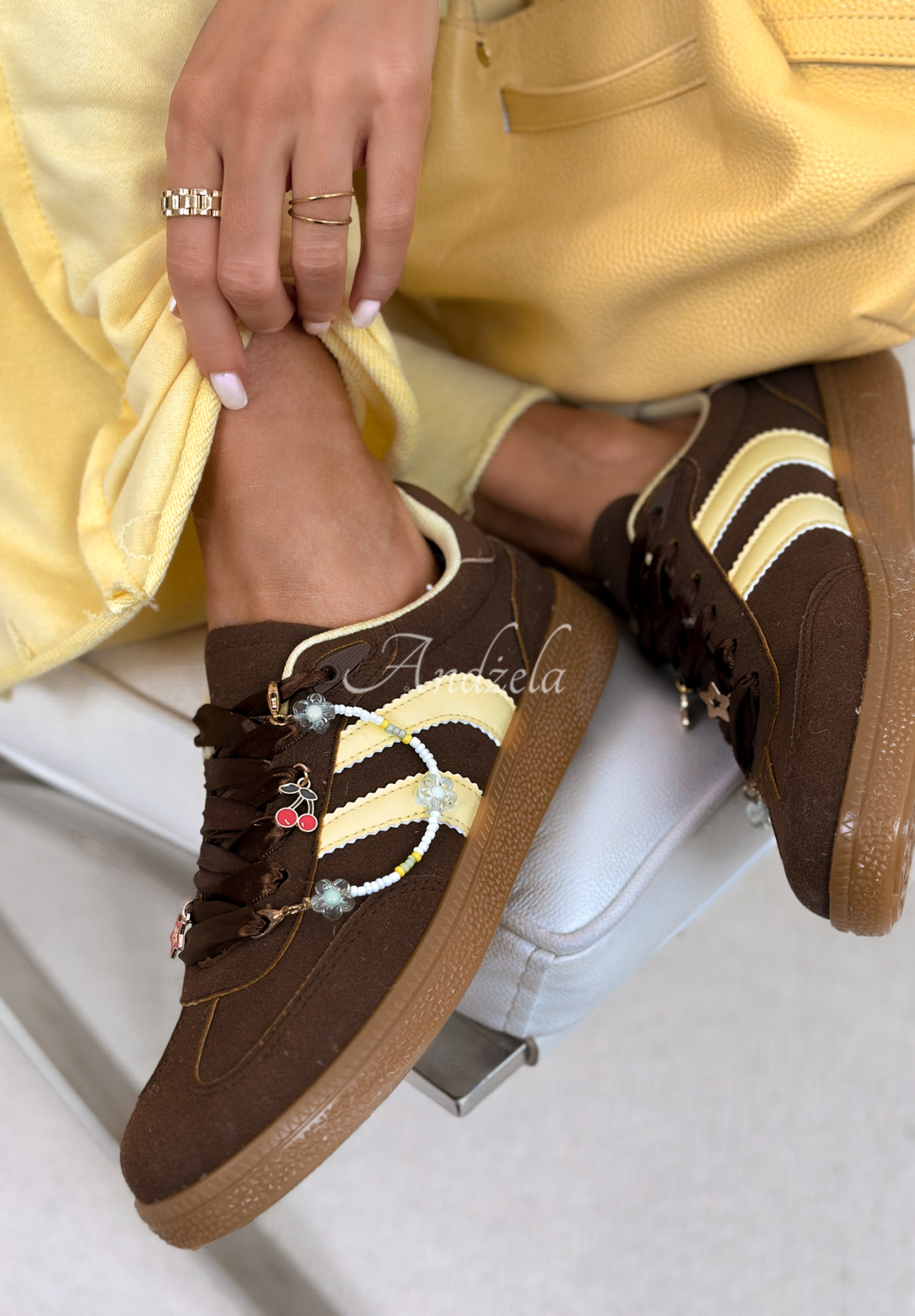 Green Grass chocolate and yellow suede sneakers