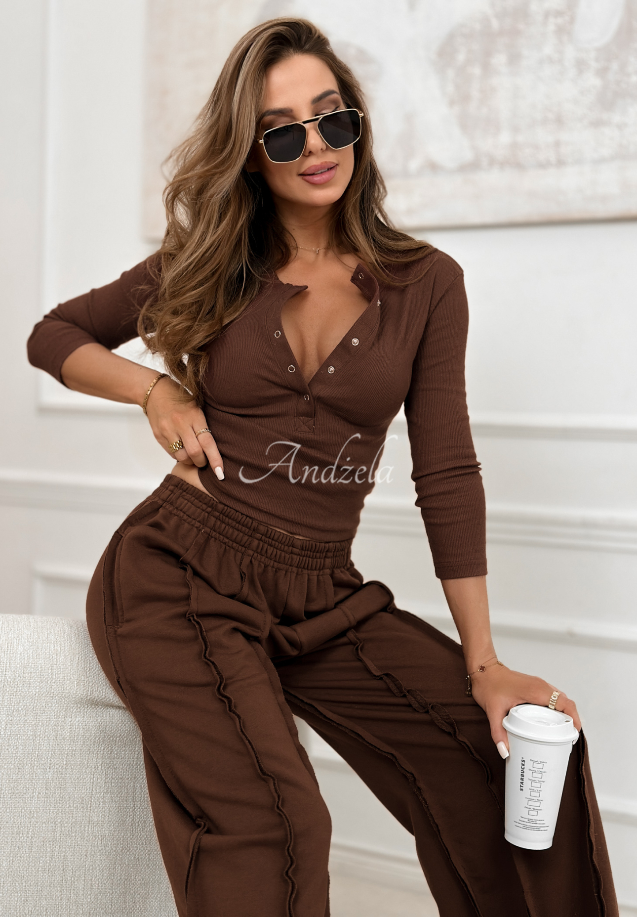 Cotton blouse and wide-leg pants set Spring Charm chocolate