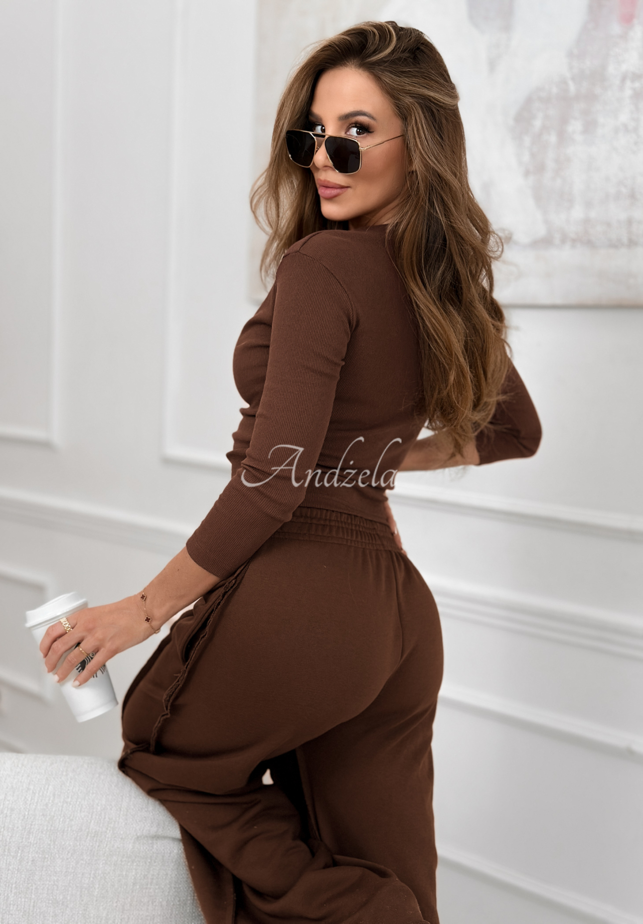 Cotton blouse and wide-leg pants set Spring Charm chocolate