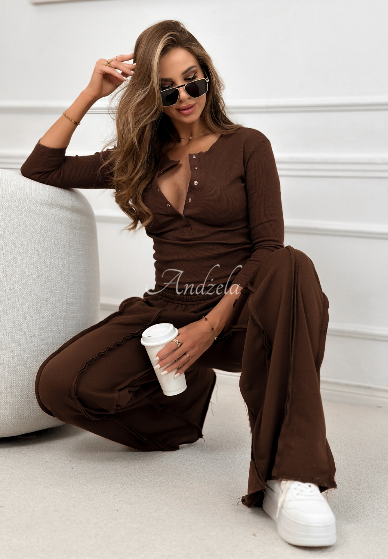 Cotton blouse and wide-leg pants set Spring Charm chocolate