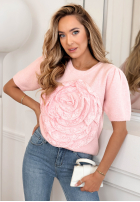 Short-sleeved sweater with flower pattern, made of Breeze Of Nature wool, pink