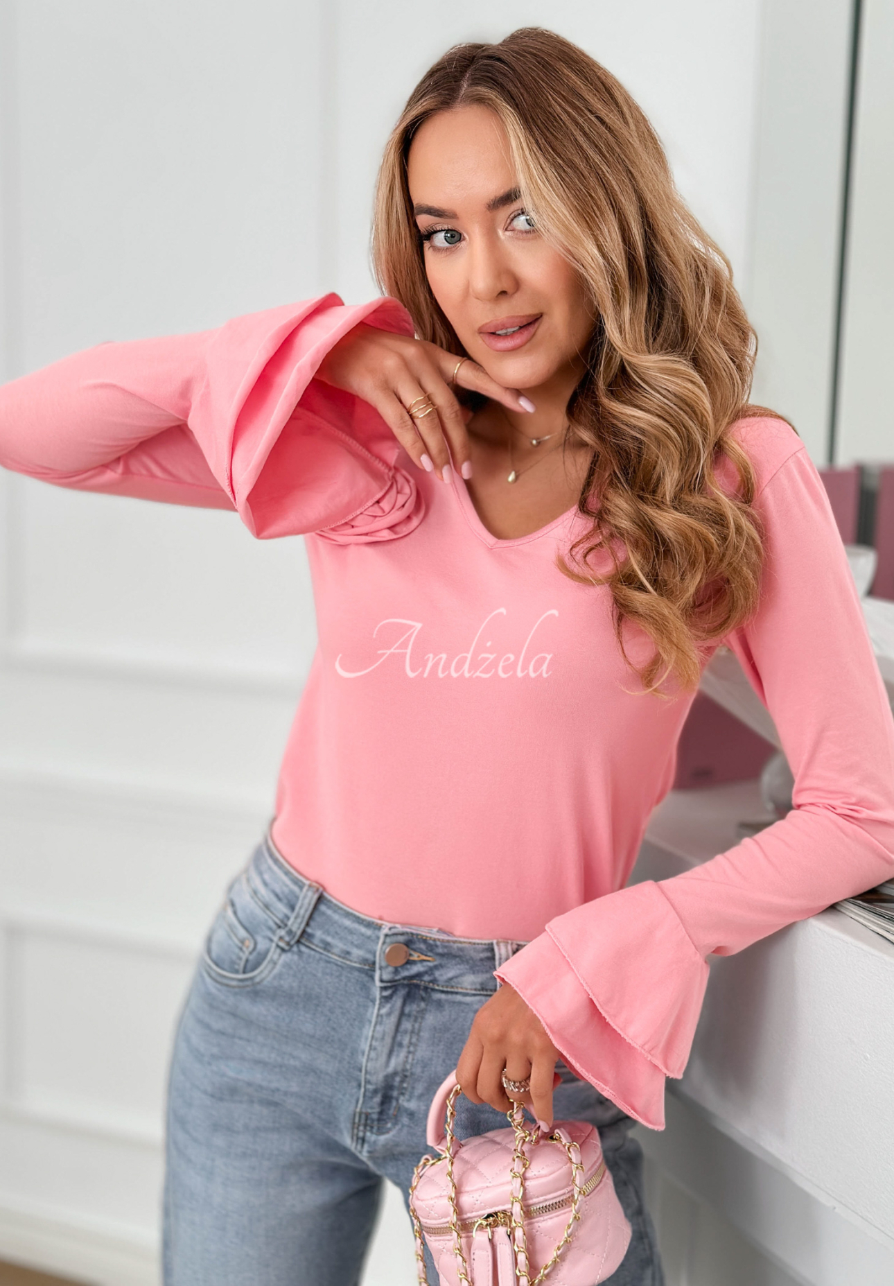 Cotton blouse with rose and frill You Know Why pink