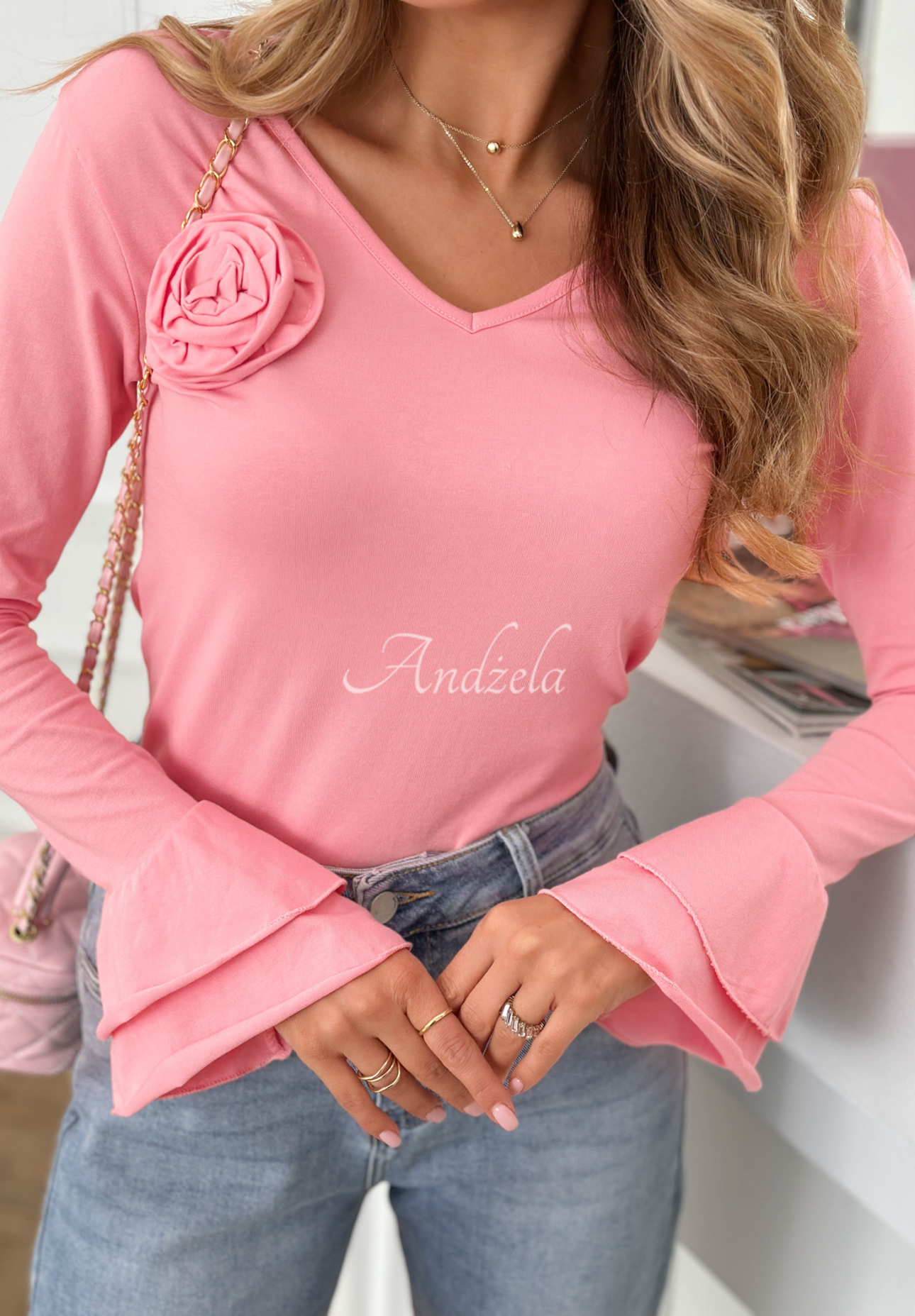 Cotton blouse with rose and frill You Know Why pink