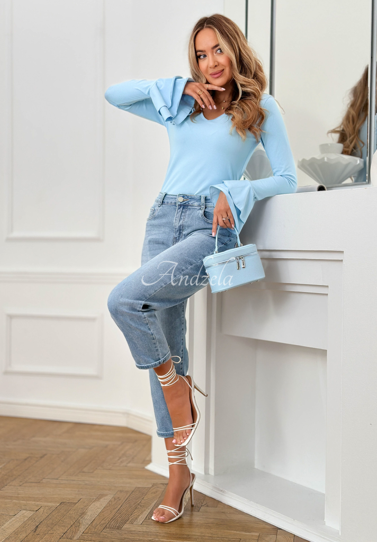 Cotton blouse with rose and frill You Know Why sky blue