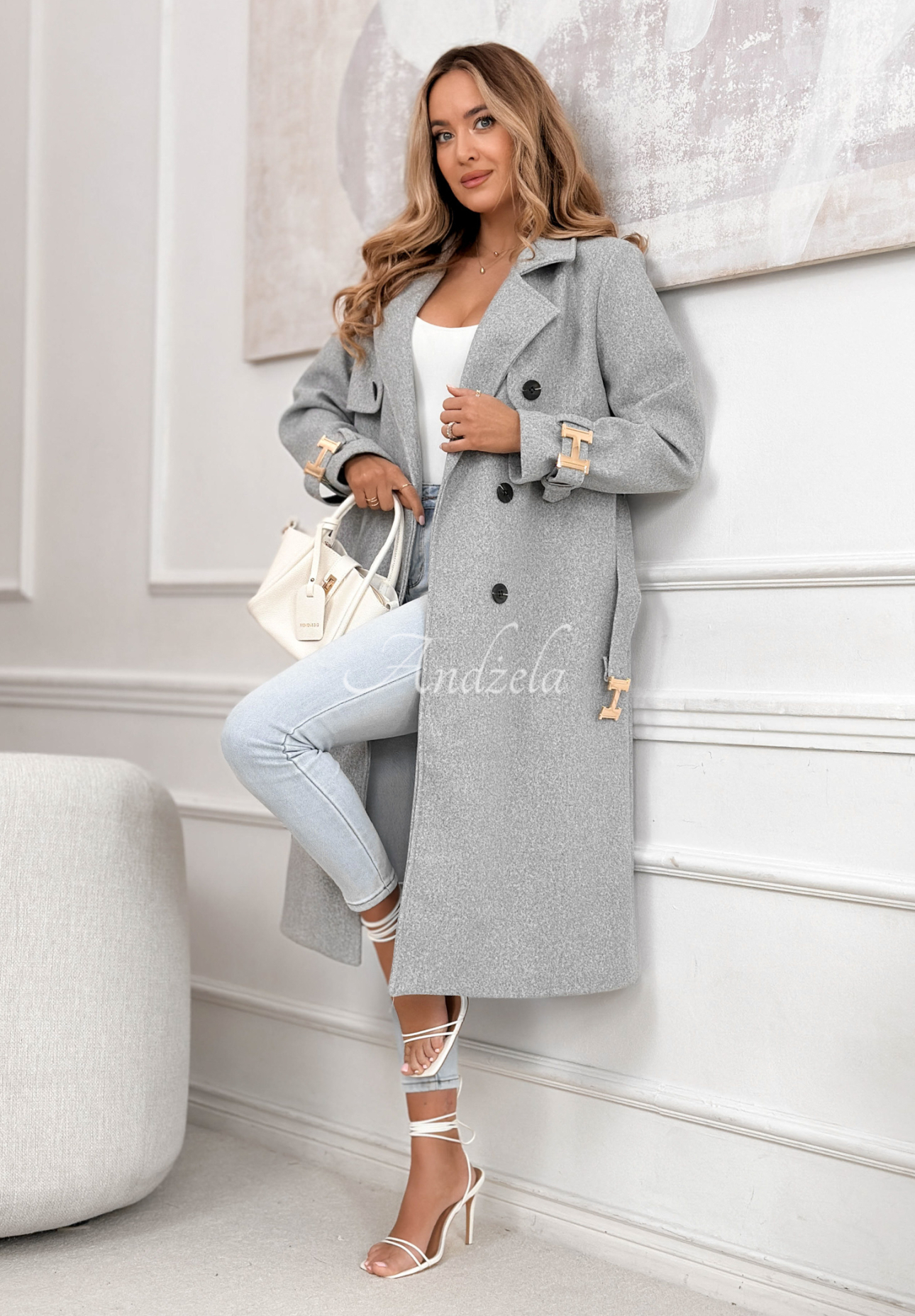 Changing Of Seasons long double-breasted coat with belt, gray