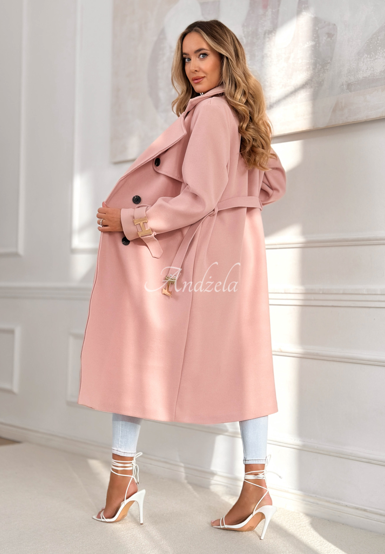 Long double-breasted coat with belt Changing Of Seasons powder pink