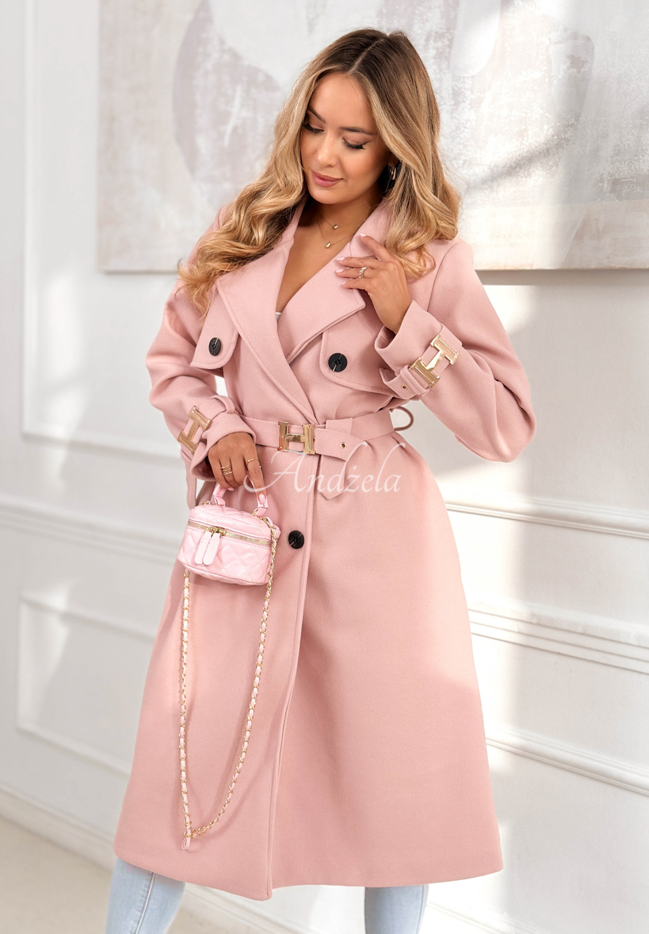 Long double-breasted coat with belt Changing Of Seasons powder pink