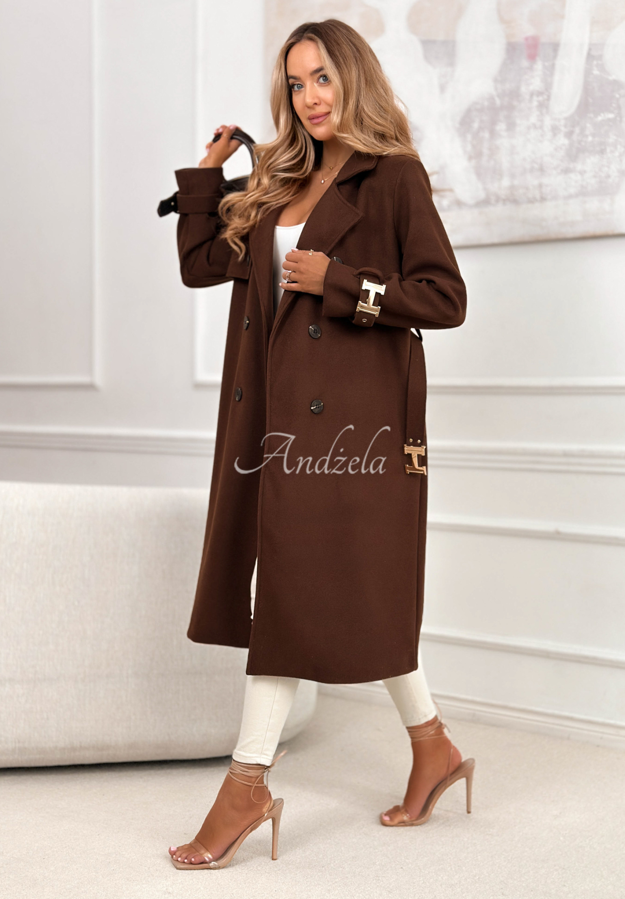 Changing Of Seasons chocolate brown long double-breasted coat with belt