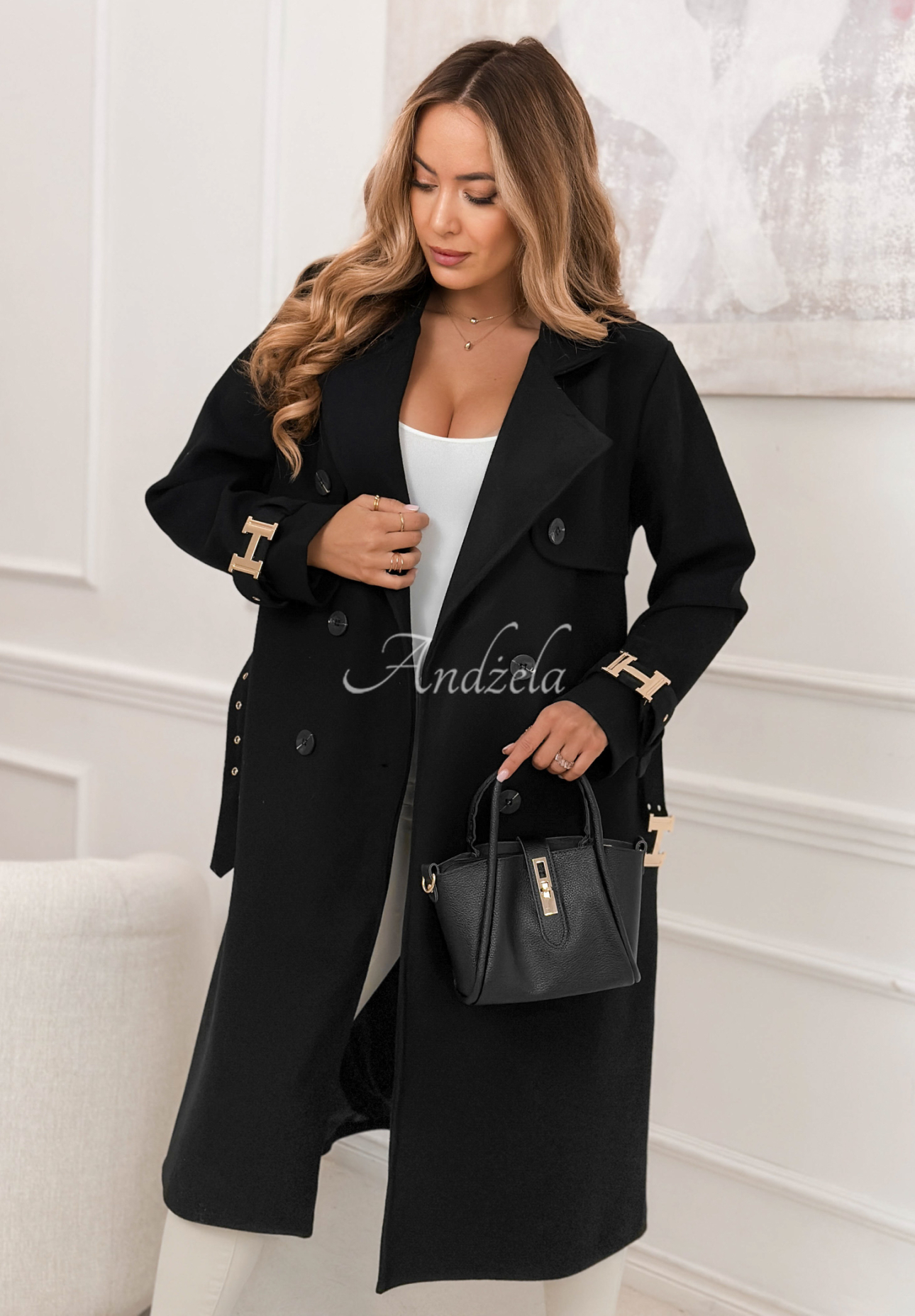 Changing Of Seasons long double-breasted coat with belt, black