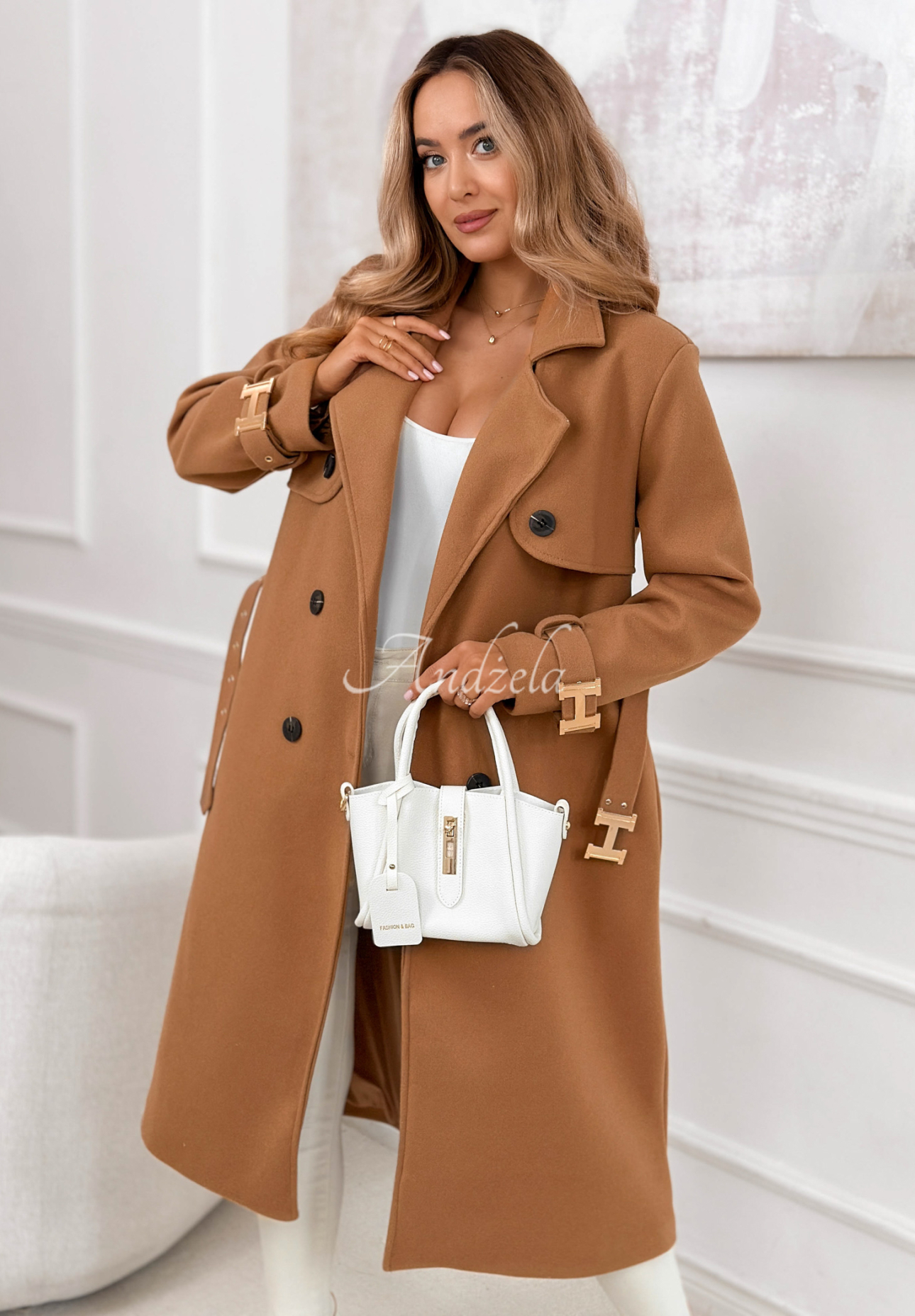 Long double-breasted coat with belt, Changing Of Seasons, camel