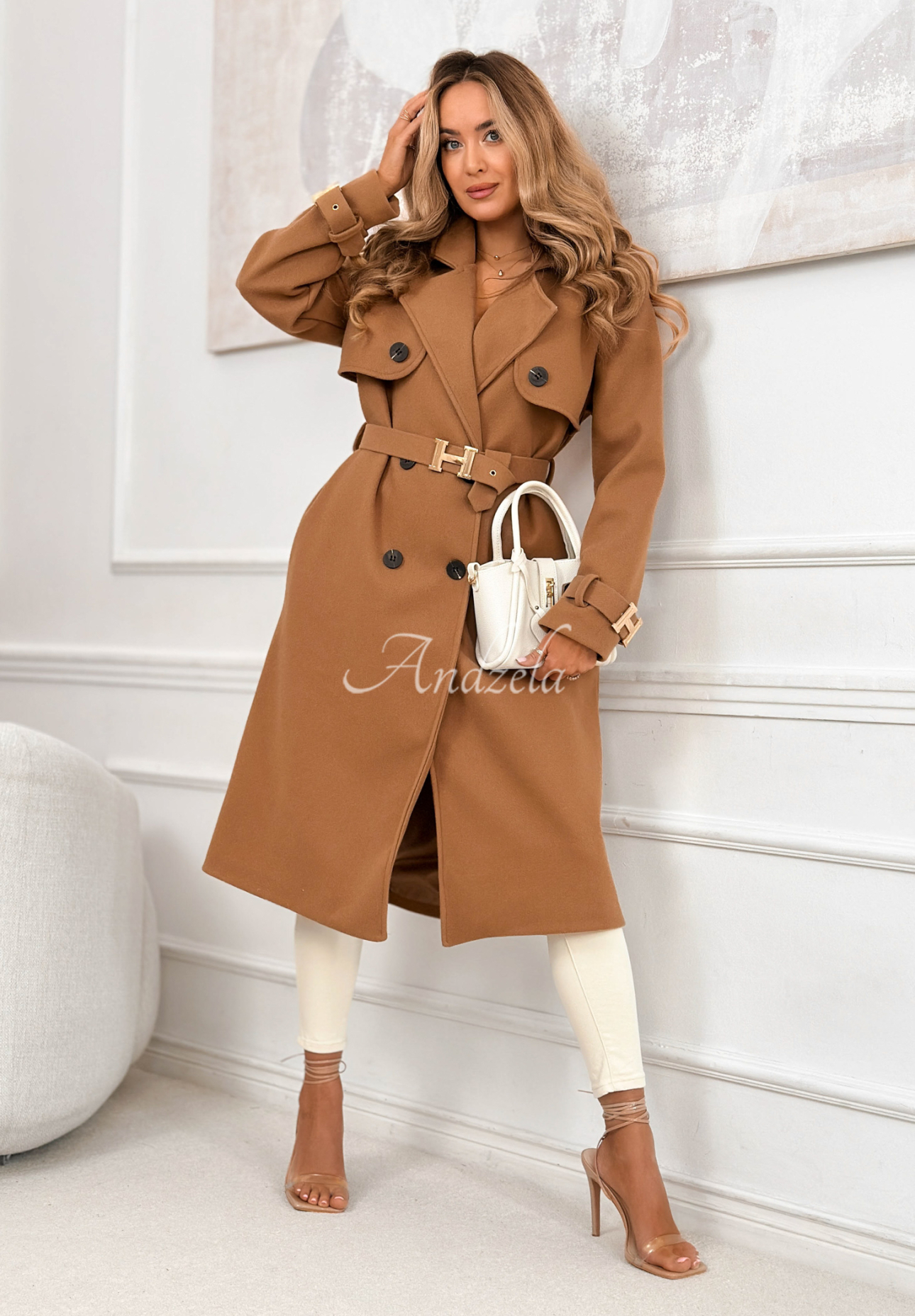 Long double-breasted coat with belt, Changing Of Seasons, camel
