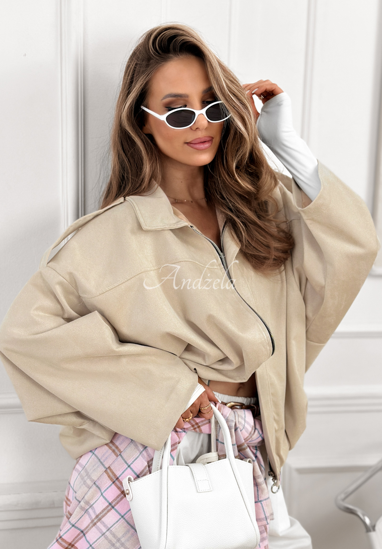 Early Season beige oversized suede bomber jacket
