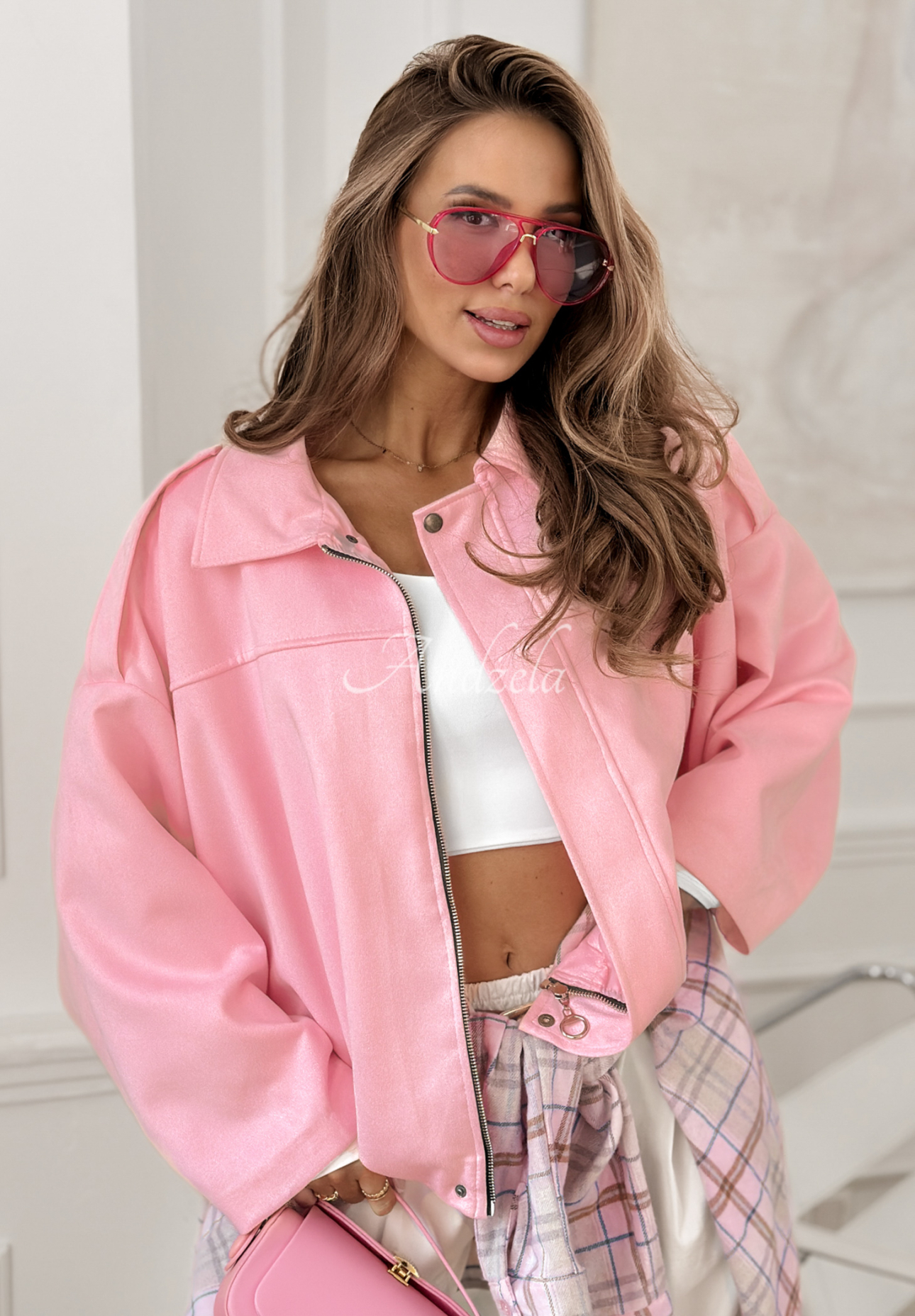 Early Season pink oversized suede bomber jacket
