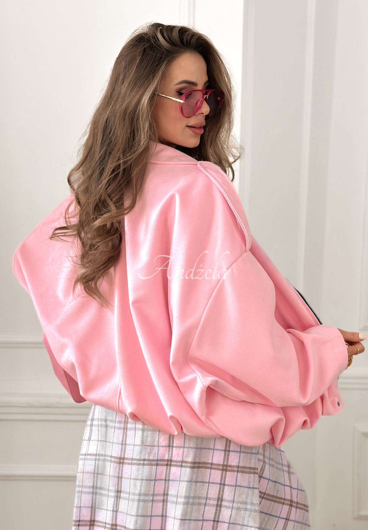 Early Season pink oversized suede bomber jacket