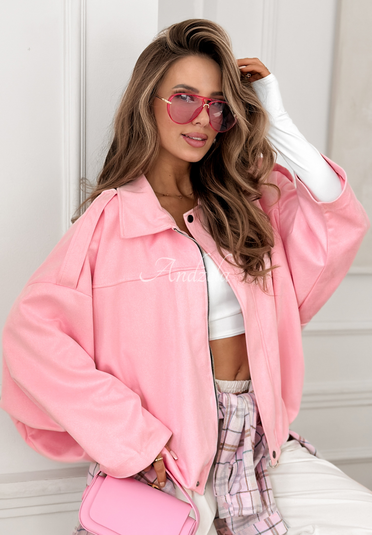 Early Season pink oversized suede bomber jacket
