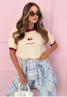 Sweter z haftowanymi wisienkami Cherry Pamour ecru