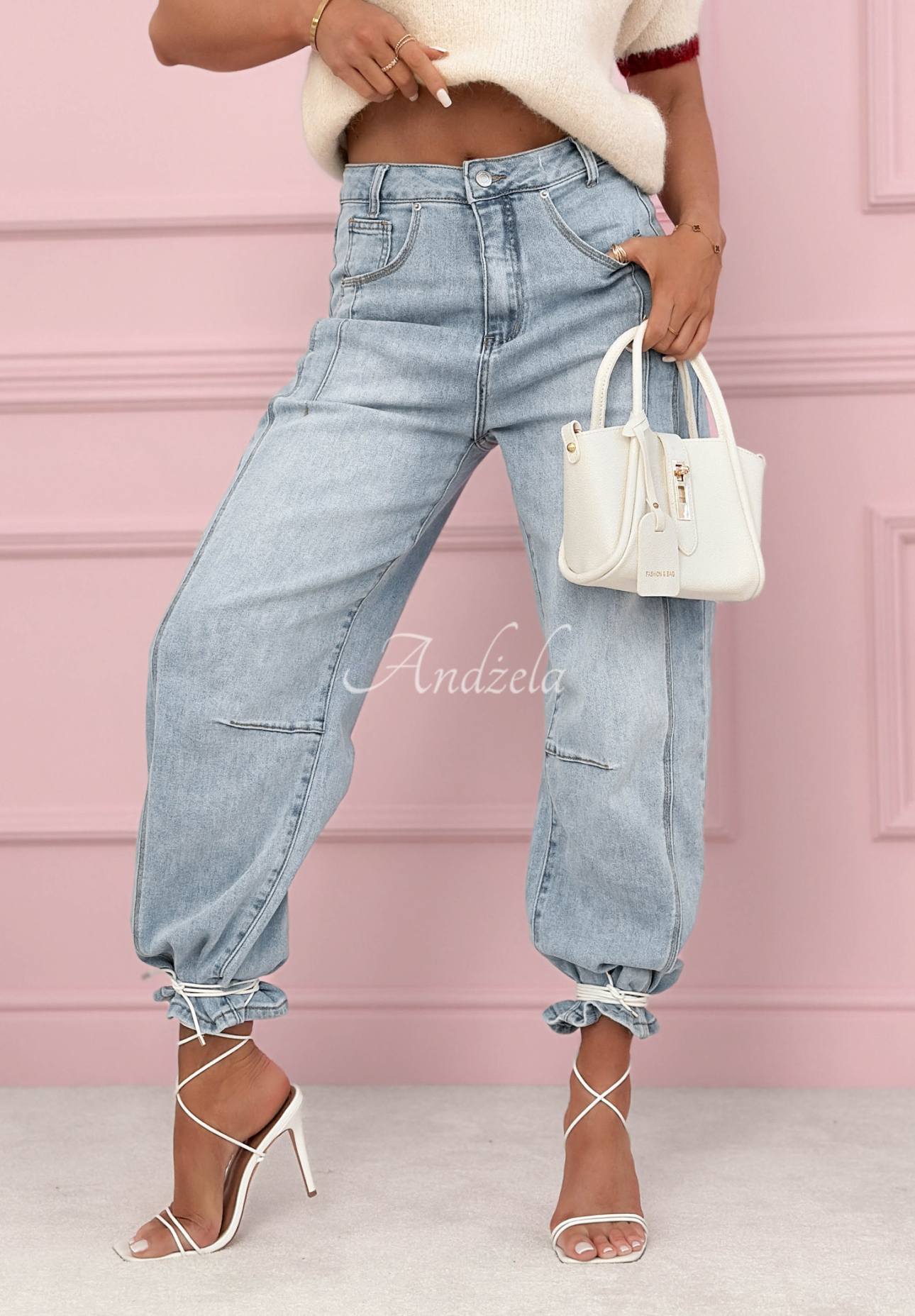 Spodnie jeansowe banana z przeszyciami As You Like niebieskie