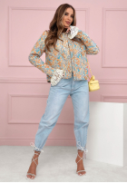 Żakardowa kurtka bomberka w kwiecisty wzór Floral Dream niebiesko-pomarańczowa