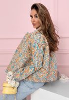 Żakardowa kurtka bomberka w kwiecisty wzór Floral Dream niebiesko-pomarańczowa