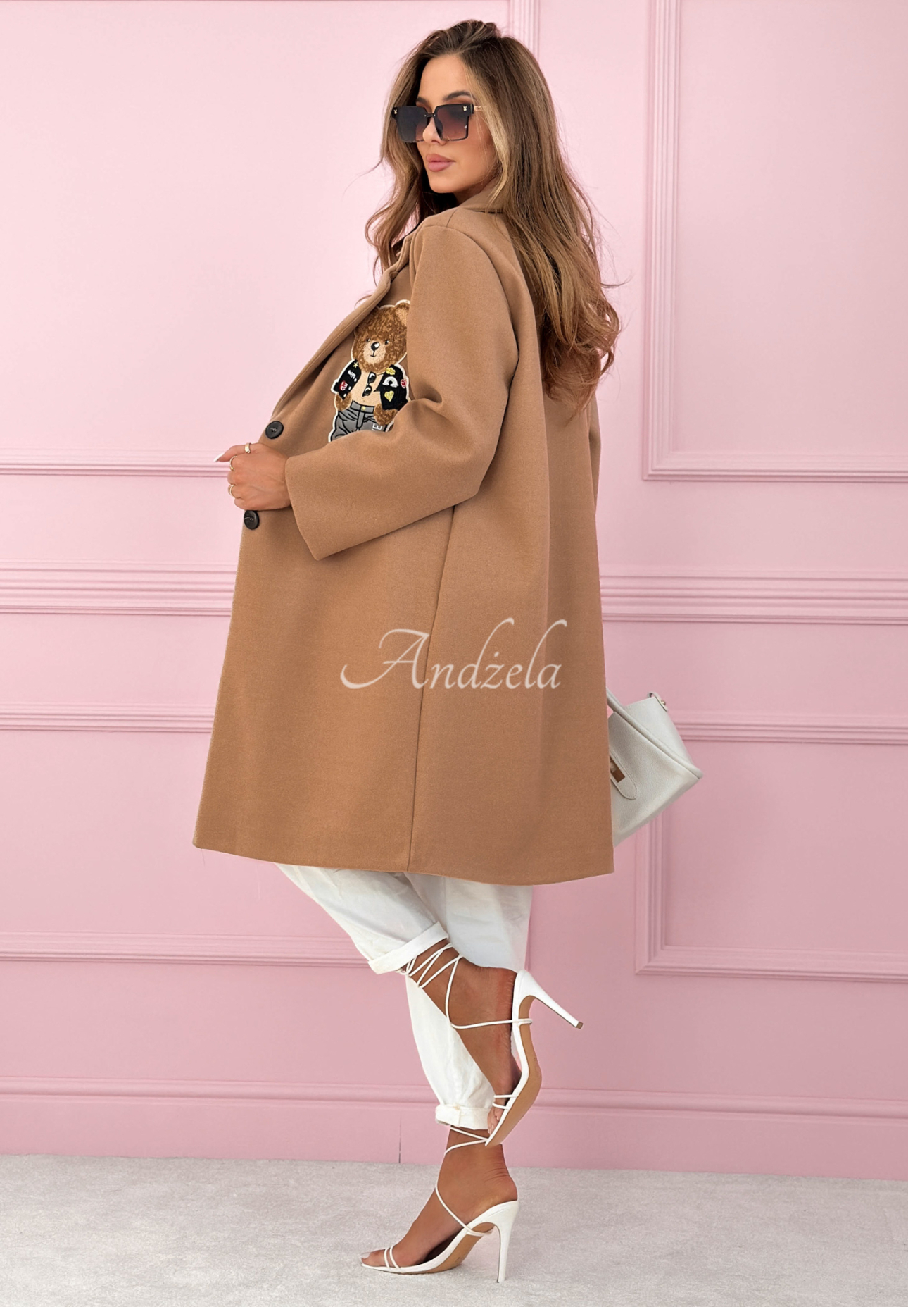 Long coat with Mr Teddy Times teddy bear in camel color