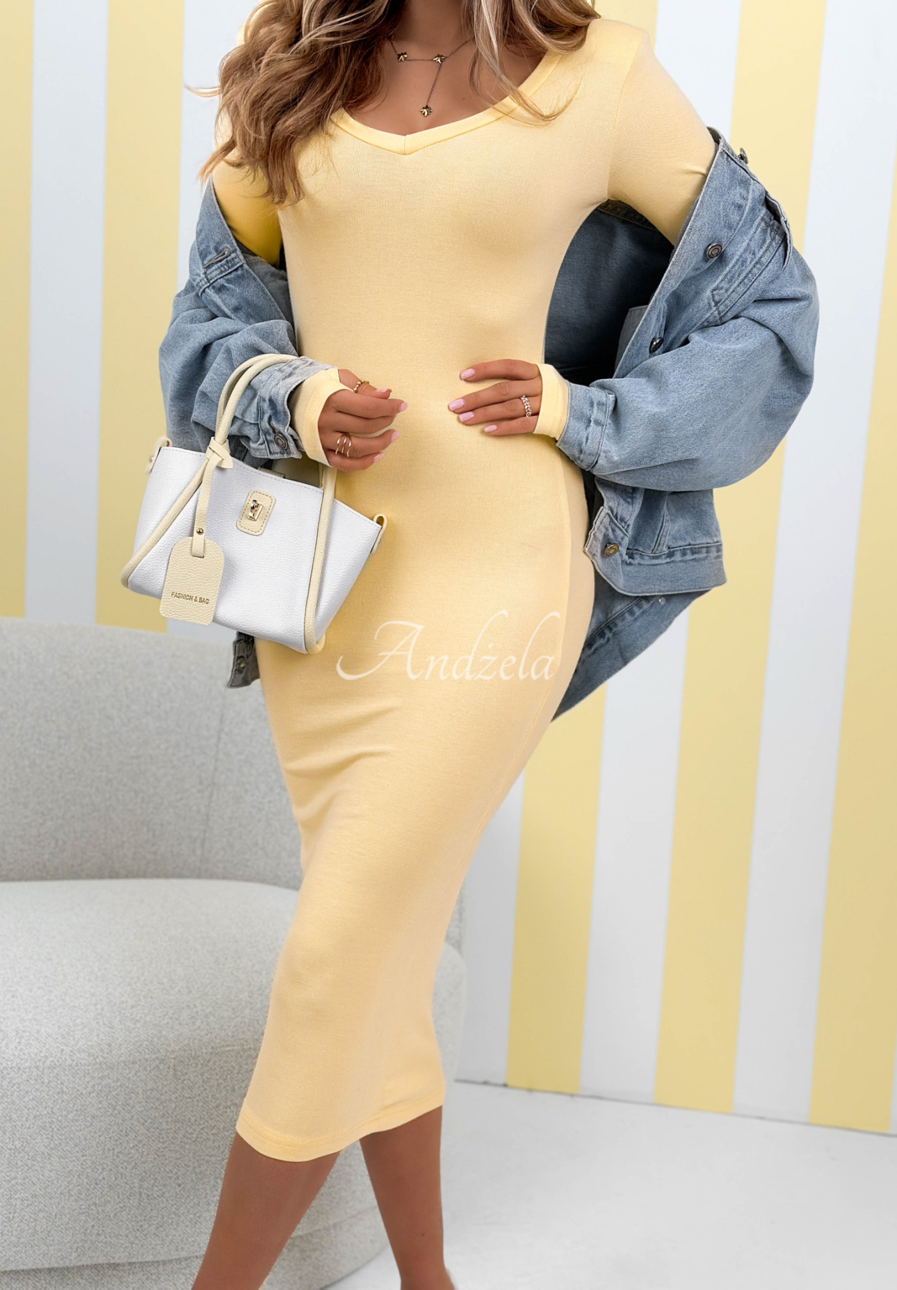 Don't Answer yellow viscose midi dress with V-neck