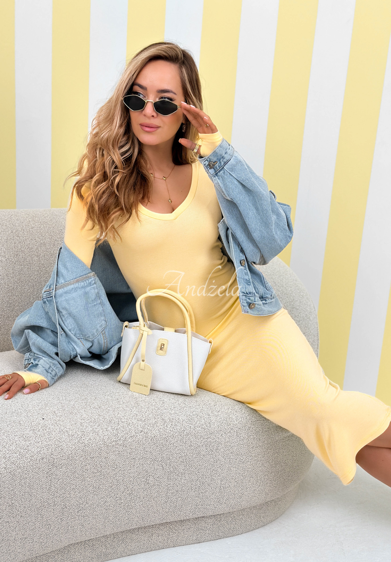 Don't Answer yellow viscose midi dress with V-neck