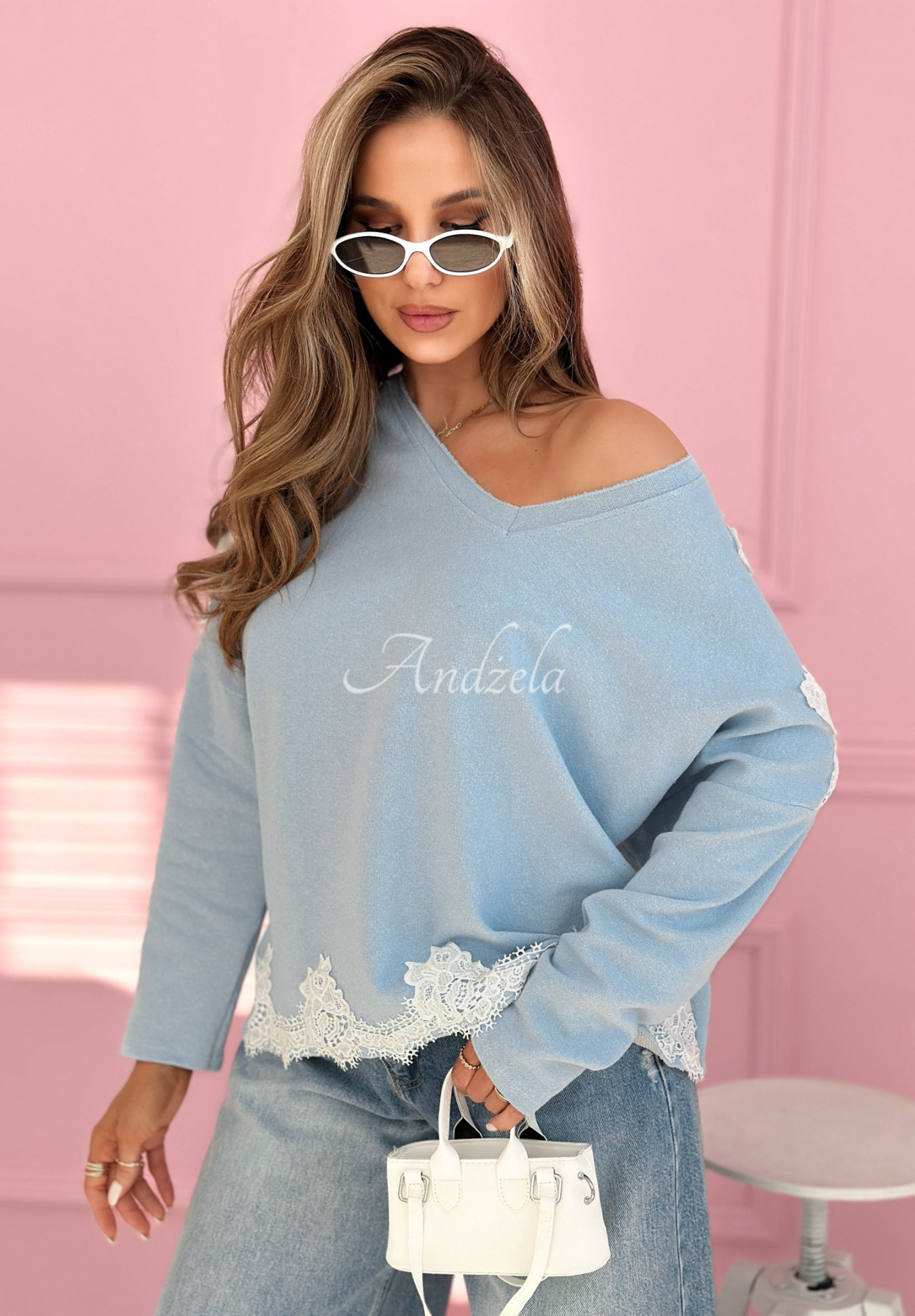 Softness And Lace blue cotton sweatshirt with lace