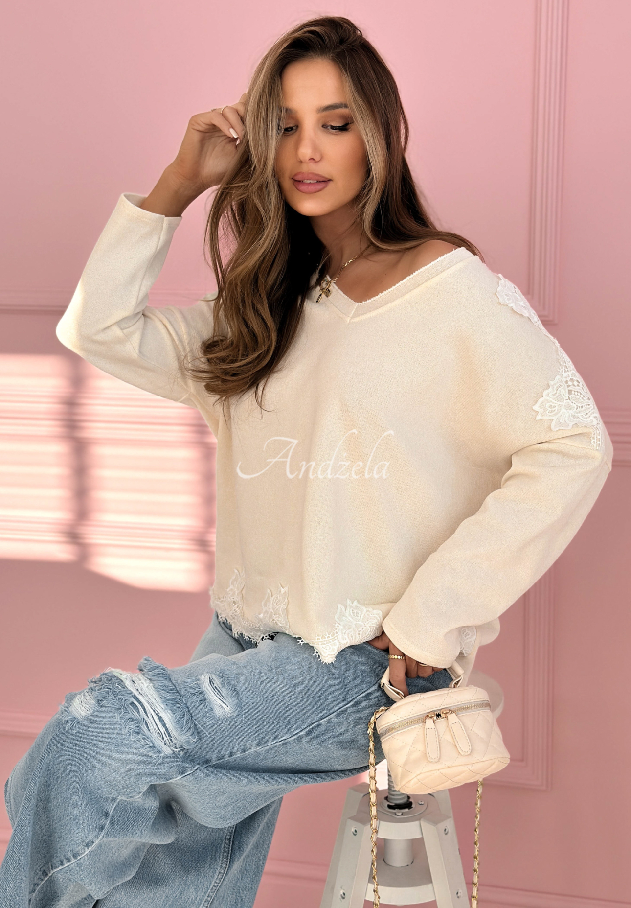 Bawełniana bluza z koronką Softness And Lace ecru