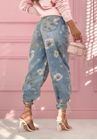 Spodnie jeansowe mom fit w kwiecisty print Take Your Time niebieskie