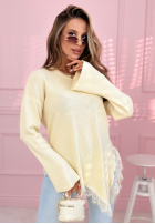 Prążkowany asymetryczny sweter z koronką Fresh Start pudrowy róż