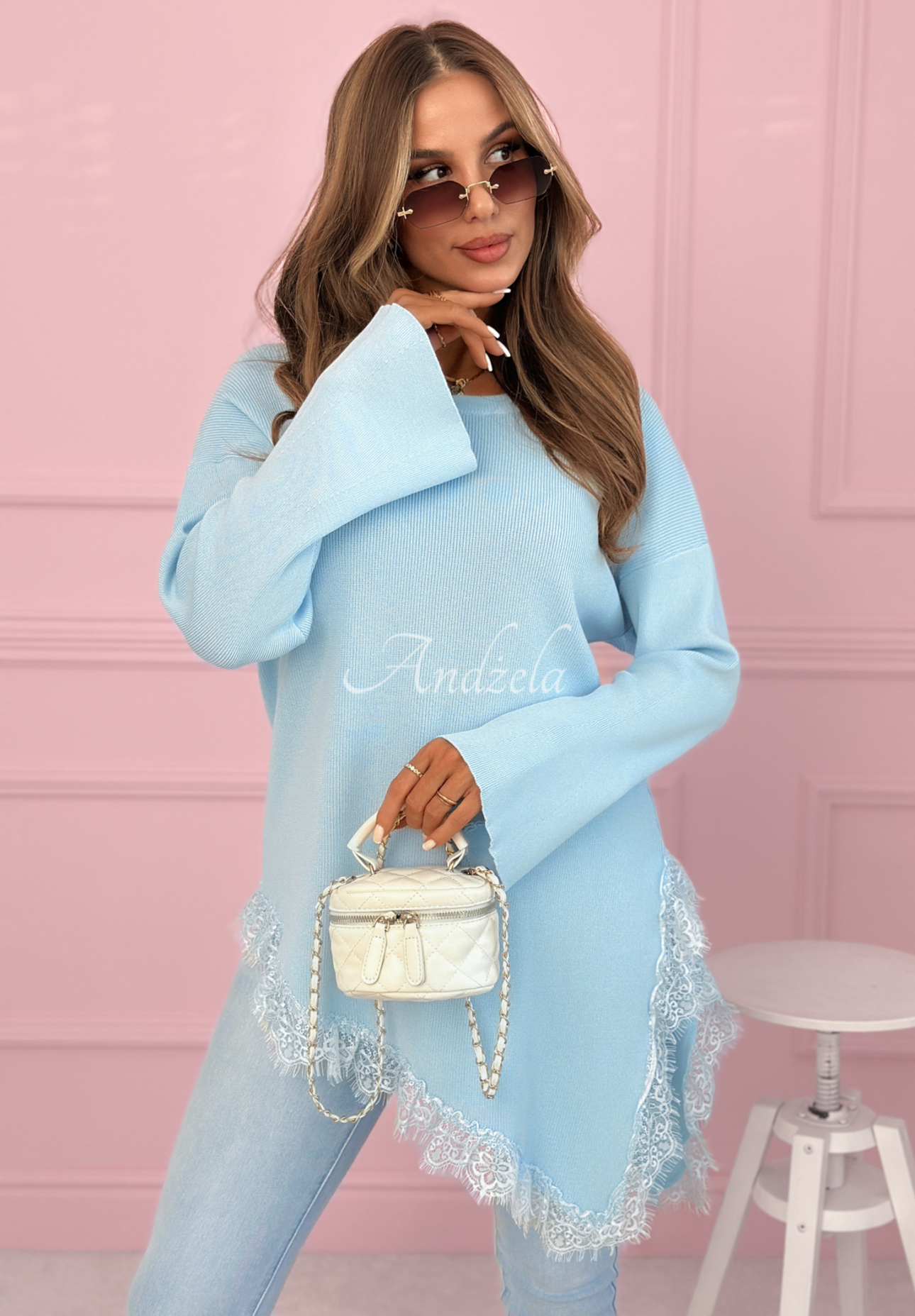 Fresh Start blue viscose asymmetrical sweater with lace