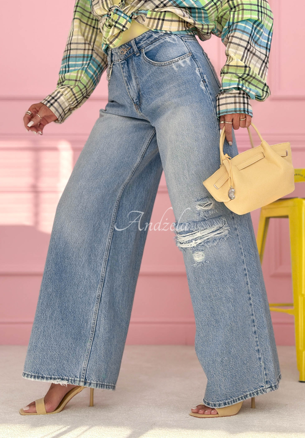 Spodnie jeansowe wide leg z przetarciami Nothing New niebieskie