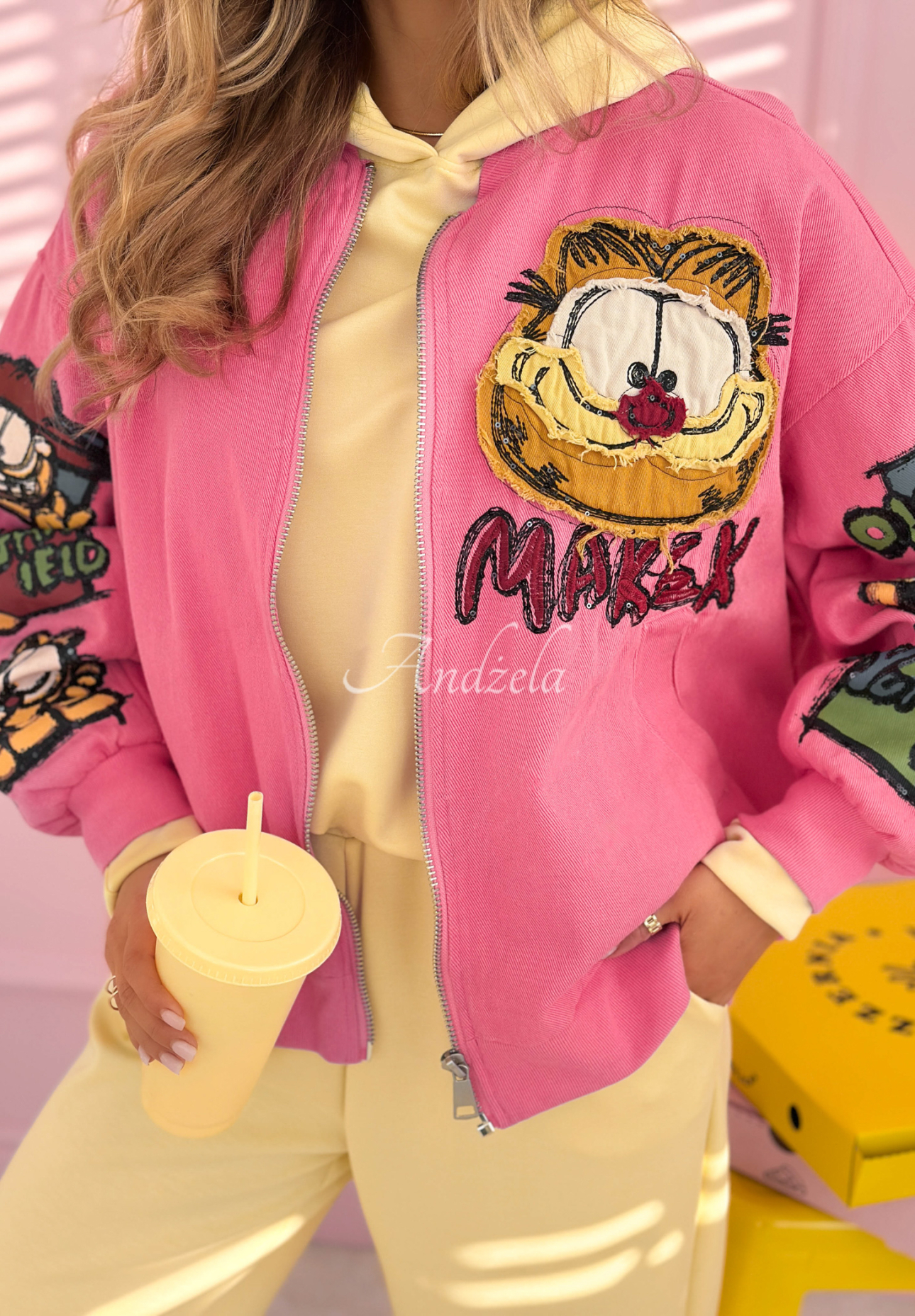 Bomber jacket with patches The Red Cat pink