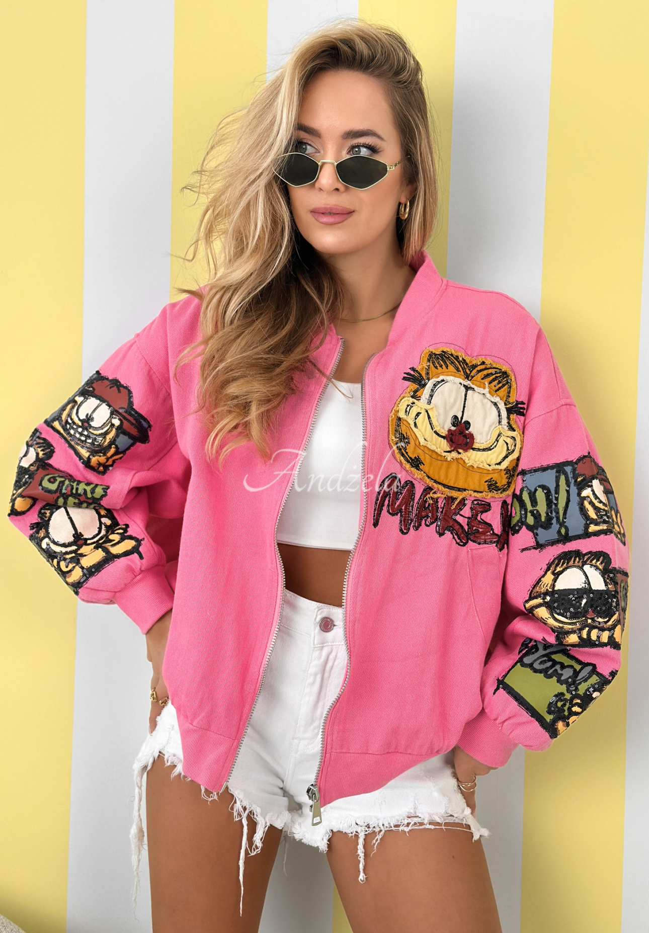 Bomber jacket with patches The Red Cat pink