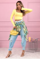 Krótka prążkowana bluzka z kwadratowym dekoltem Wasn’t Ready żółta