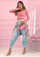 Krótka prążkowana bluzka z kwadratowym dekoltem Wasn’t Ready różowa