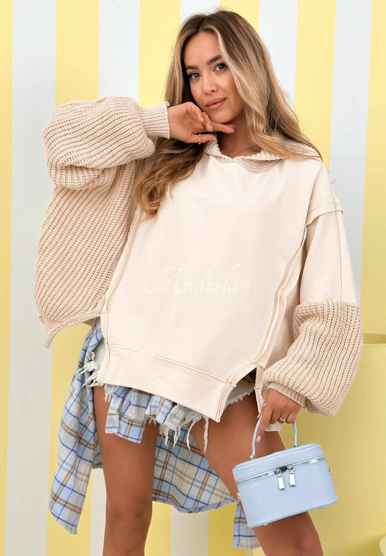 Cotton sweatshirt with knitted hood and sleeves Think About It beige