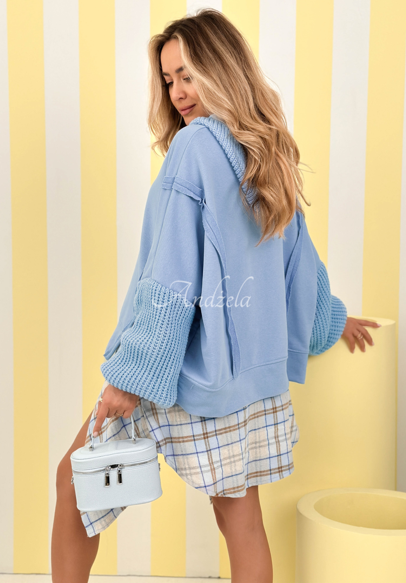 Cotton sweatshirt with knitted hood and sleeves Think About It blue