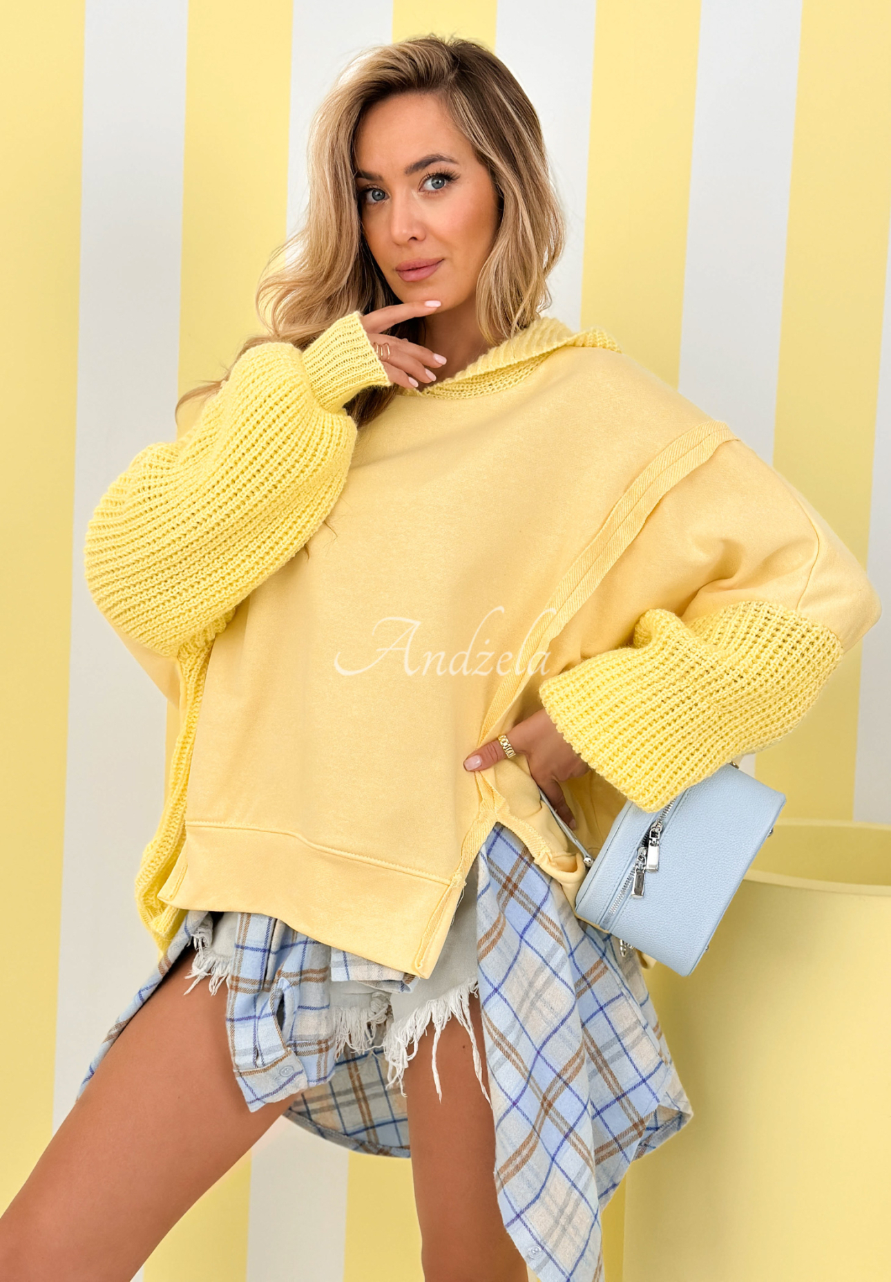 Cotton sweatshirt with knitted hood and sleeves Think About It yellow