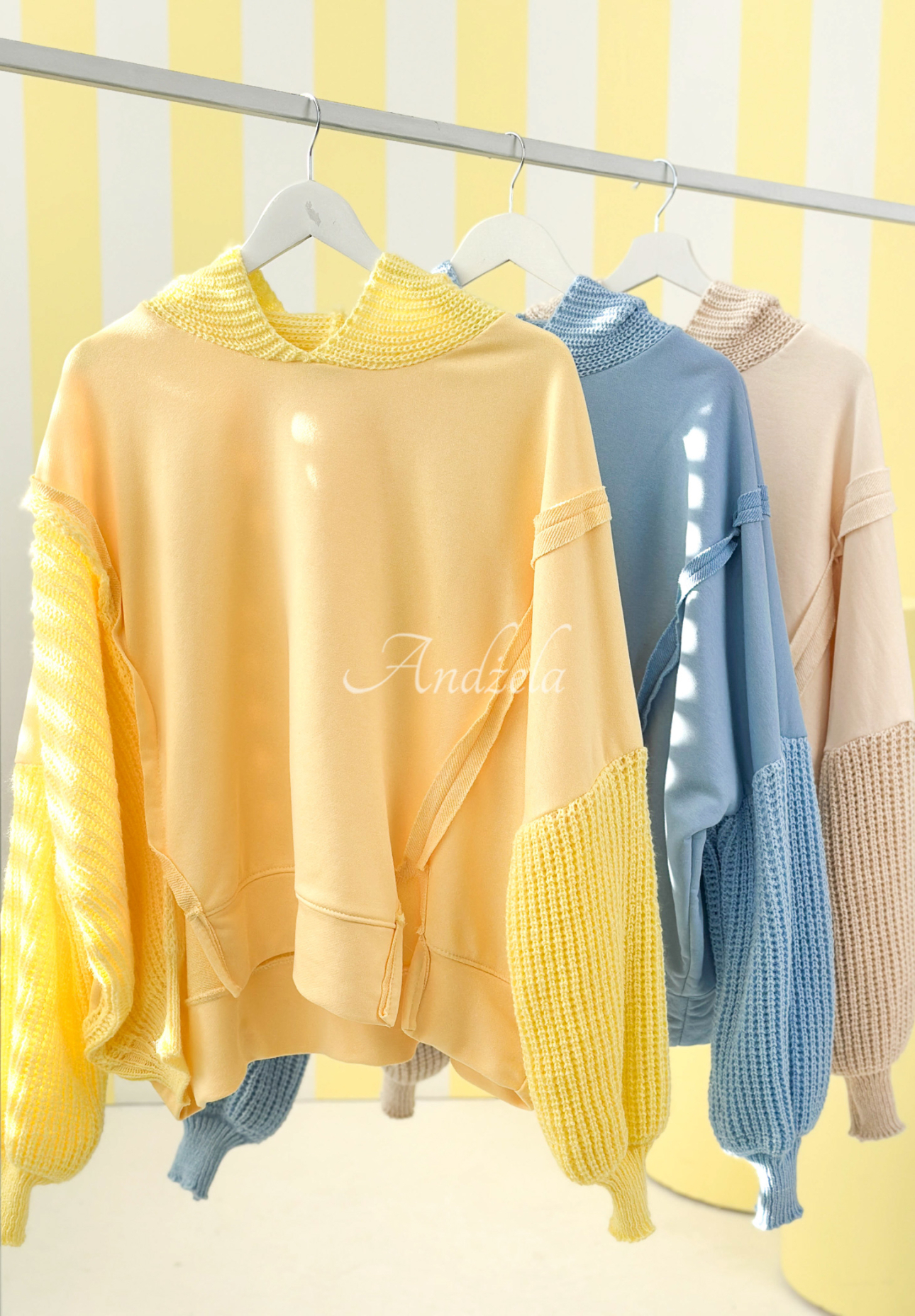 Cotton sweatshirt with knitted hood and sleeves Think About It beige