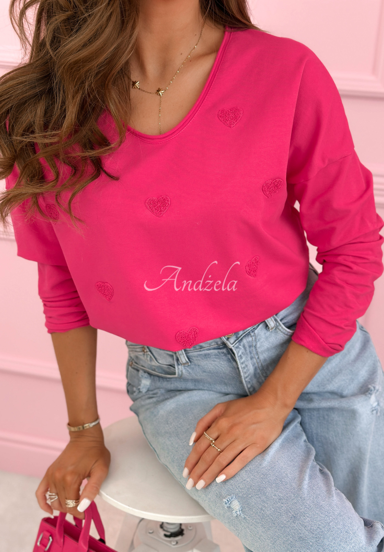 Close To Heart fuchsia cotton long-sleeved blouse with hearts