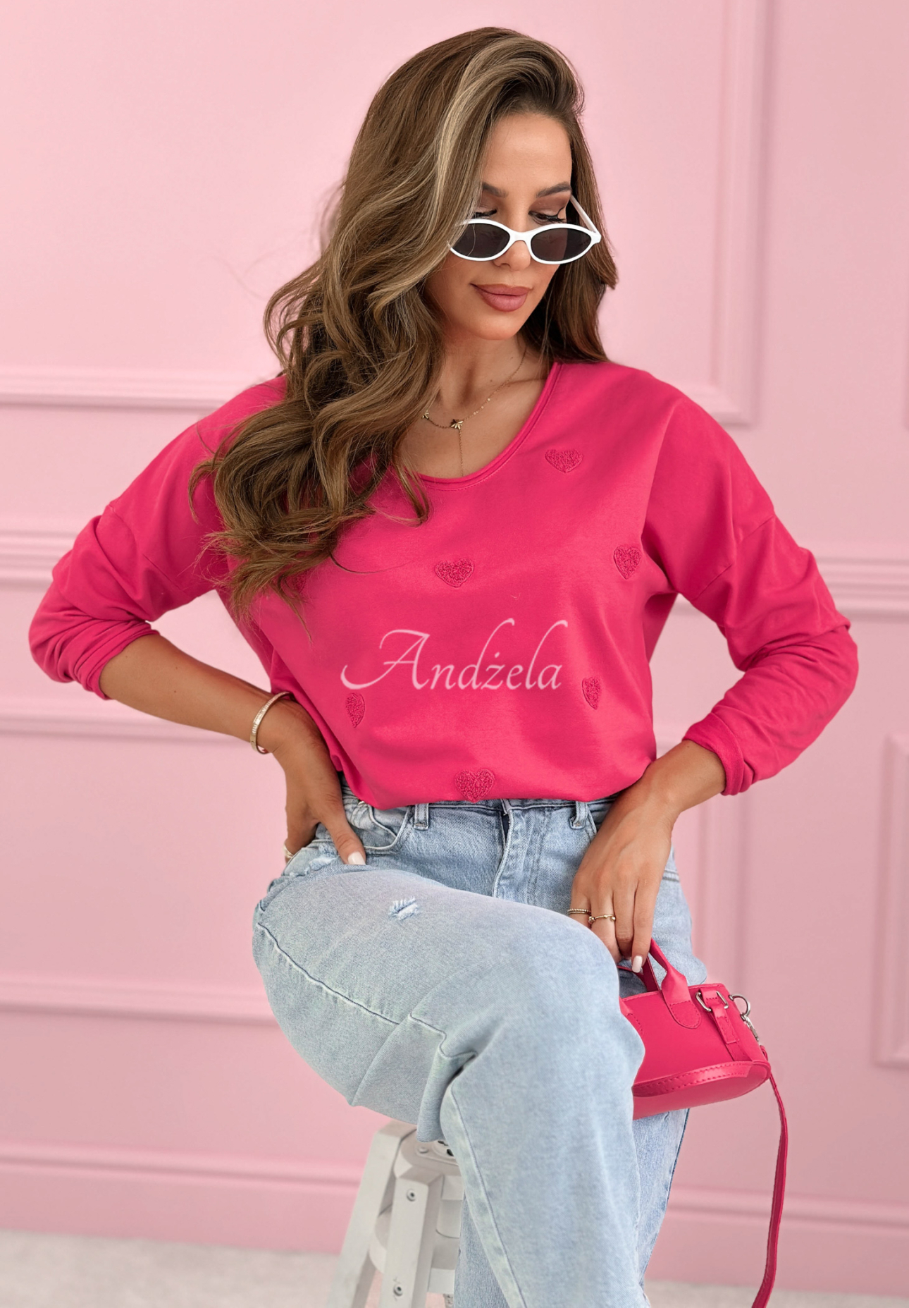 Close To Heart fuchsia cotton long-sleeved blouse with hearts